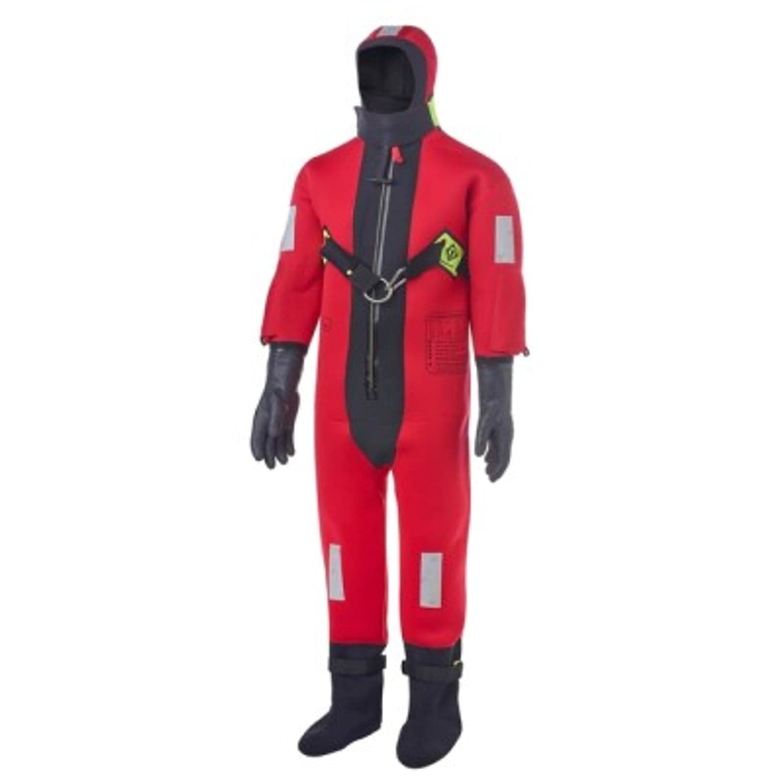 Full-body view of a red Crewsaver Immersion Suit with black accents, reflective tape, gloves, and an integrated harness.